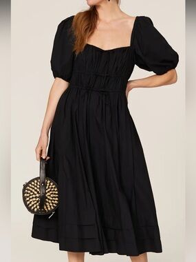 Ulla Johnson Black Puff Sleeve Tie-Back Midi Dress oversized